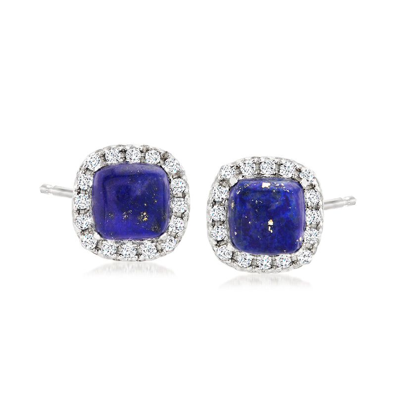 Sterling silver post earrings with square blue lapis centerpiece and white topaz halo