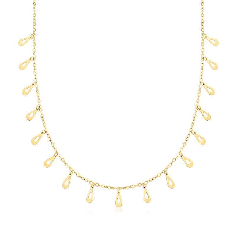 14kt yellow gold teardrop station necklace with linked drop charms along the chain