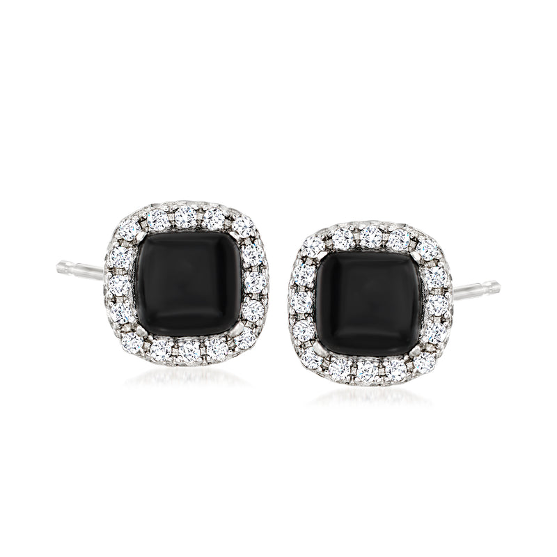 Sterling silver stud earrings with black square agate and white topaz halo