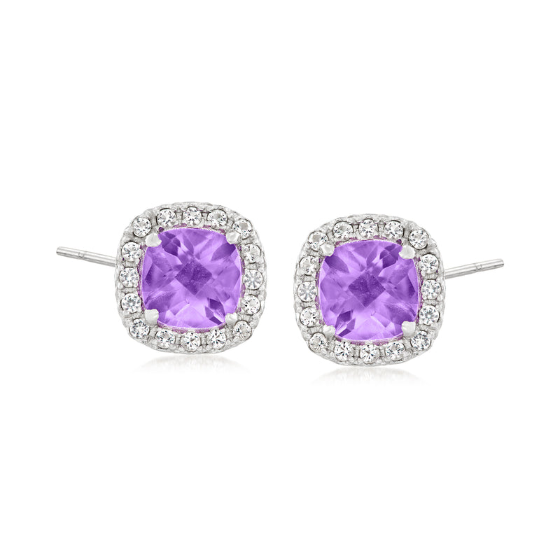 Sterling silver amethyst and white topaz cushion halo stud earrings with post backs