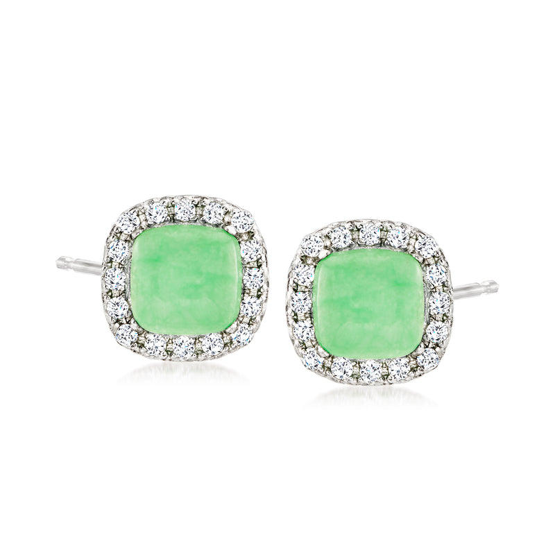 Square green gemstone halo stud earrings in sterling silver with push-back posts