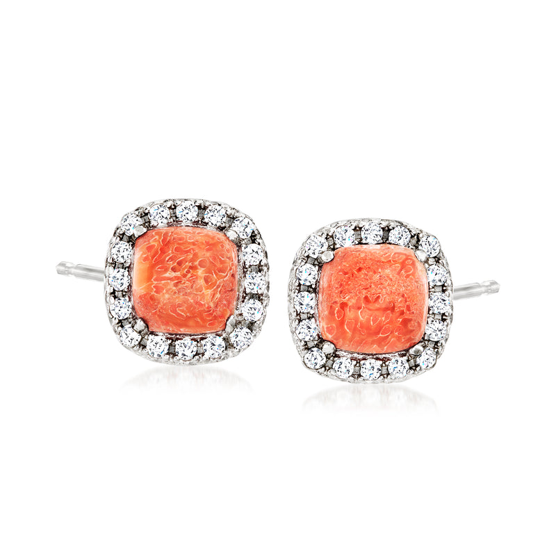 Sterling silver coral orange topaz stud earrings with white crystal halo, post backs