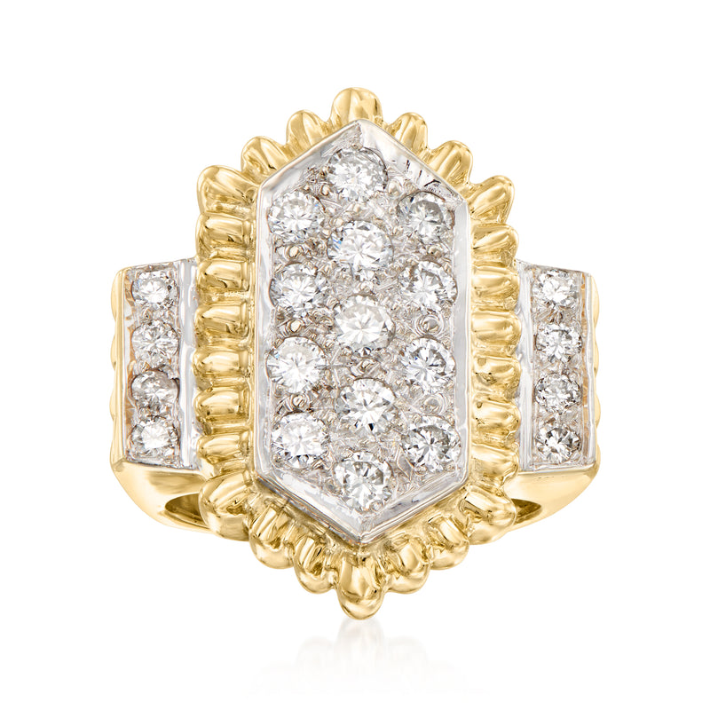 14kt yellow gold diamond cocktail ring with rectangular cushion center and halo