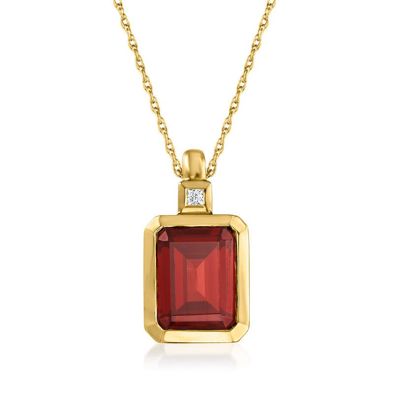 14kt yellow gold pendant necklace with red garnet square and small diamond