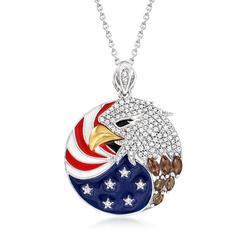 Eagle pendant necklace with white zircon, smoky quartz, and multicolored enamel