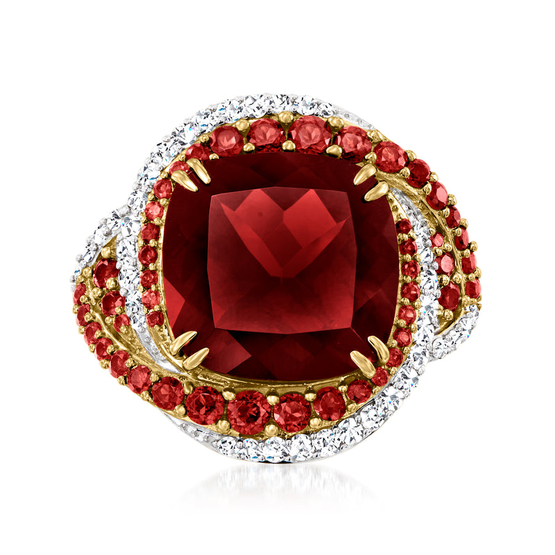 14kt yellow gold ring with square red garnet center, garnet halo and diamond border