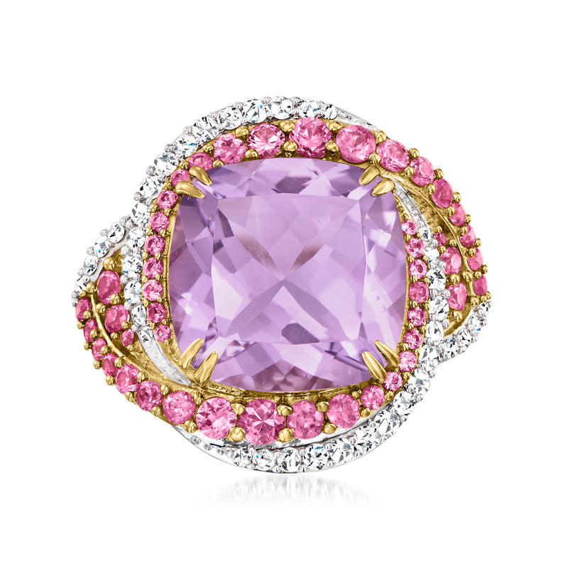 14kt yellow gold halo ring with oval amethyst, pink sapphires, and diamond accents