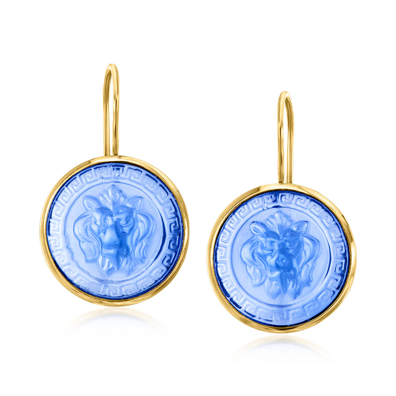 Gold over sterling drop earrings with blue lion-head round glass medallions