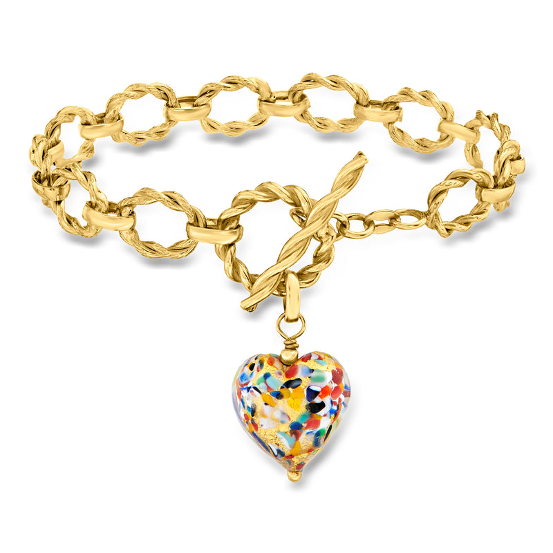 Gold link toggle bracelet with multicolor Murano glass heart charm