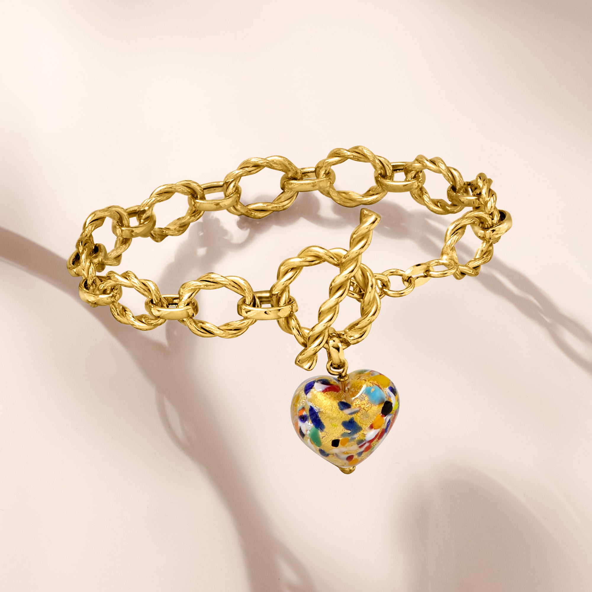 Italian Multicolored Murano Glass Heart Charm Toggle Bracelet in 18kt