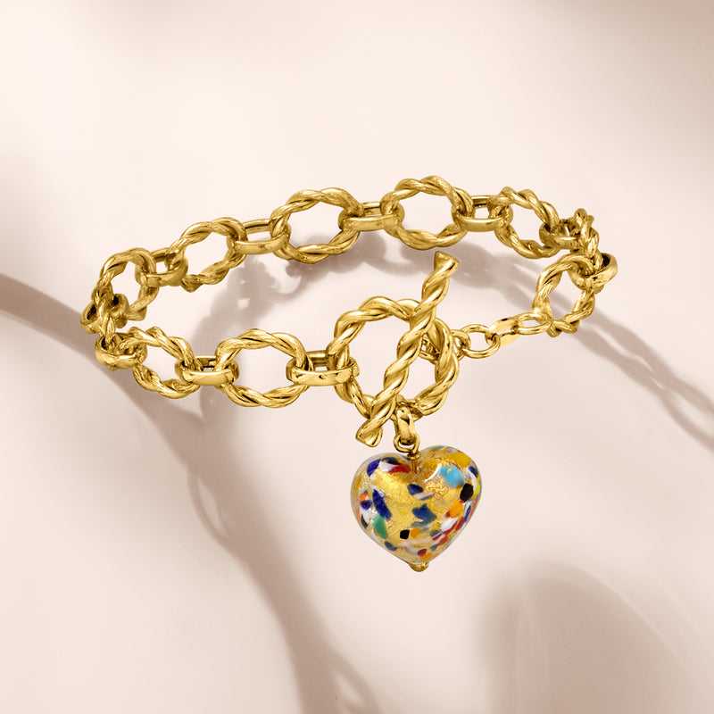 Gold chain bracelet with multicolor Murano heart charm and ring toggle