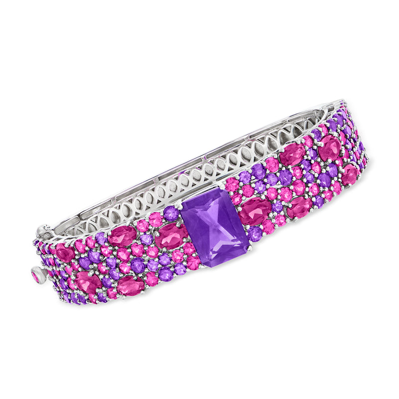 Sterling silver bangle bracelet with rhodolite pink and amethyst purple gemstone rows