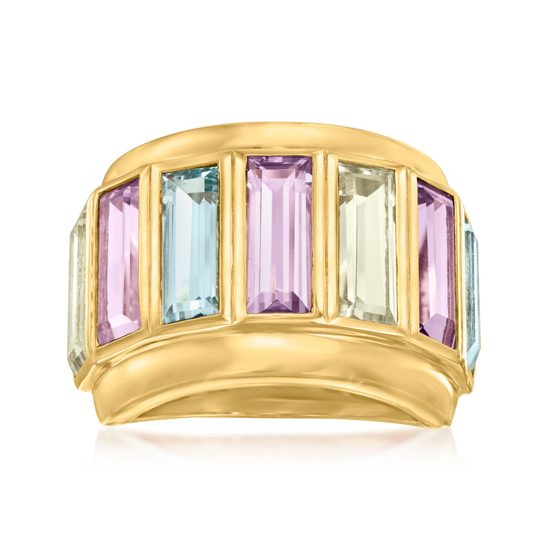 Gold baguette multi-gemstone ring with pink, blue, and clear rectangular stones