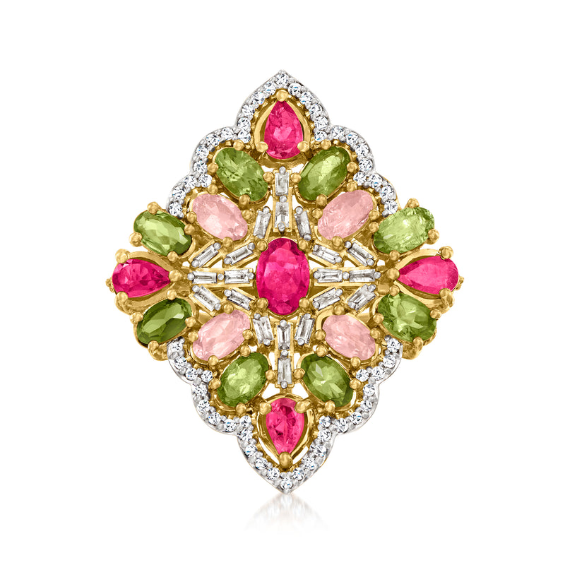Multicolored tourmaline and diamond ring in gold-tone setting, oval cluster halo