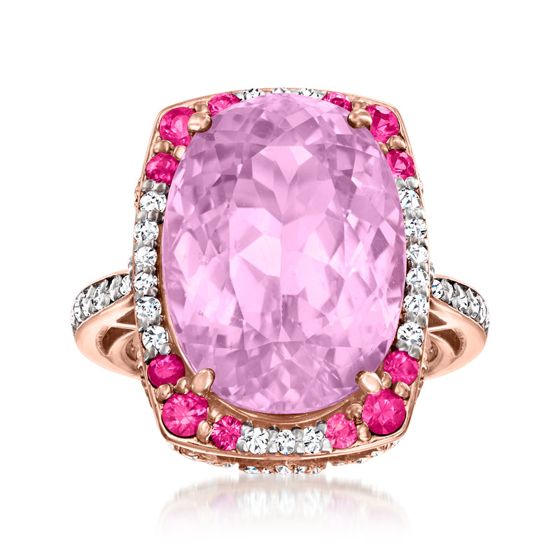 Oval pink kunzite halo ring in rose gold with ruby and white zircon accents