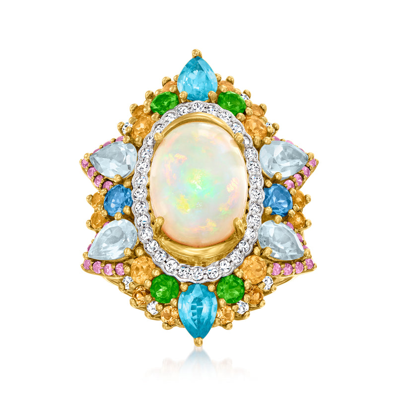 Opal center oval multi-gemstone ring with clear halo and gold setting