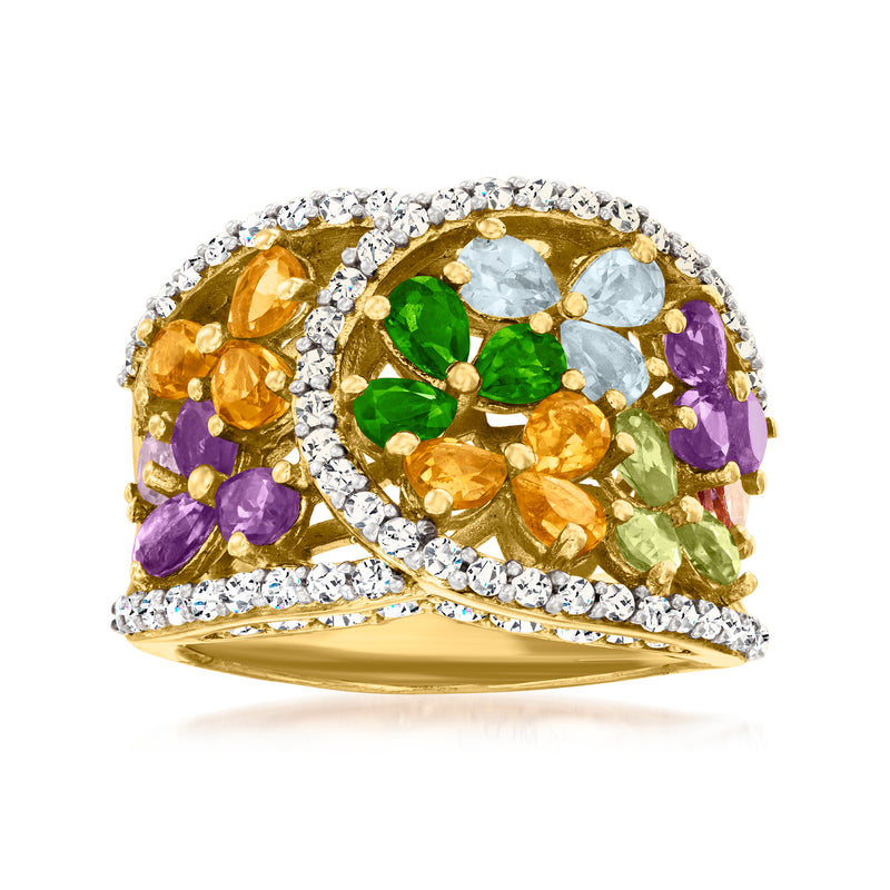 Gold-tone multi-gemstone flower ring with purple, green, yellow, and light-blue stones
