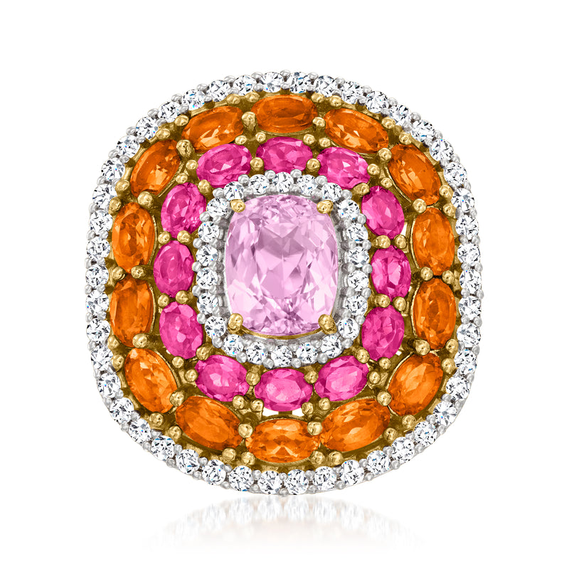 Multi-gemstone cocktail ring with pink center stone, orange gems, and diamond-like border