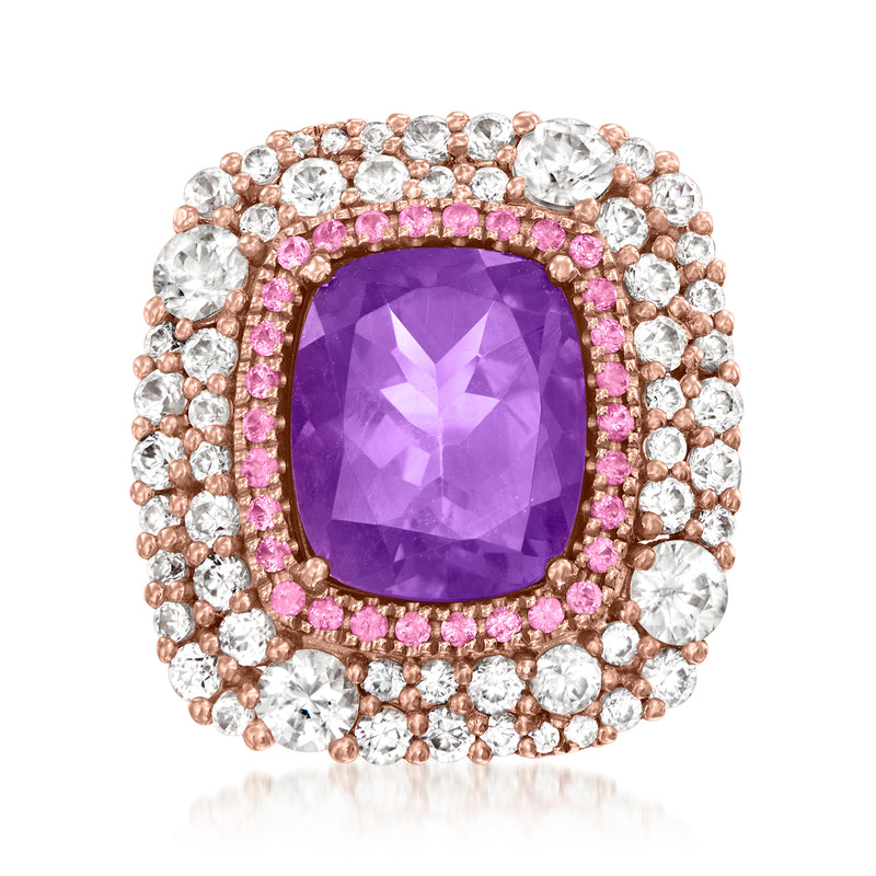 Amethyst oval halo ring in rose gold with pink sapphires and clear stones