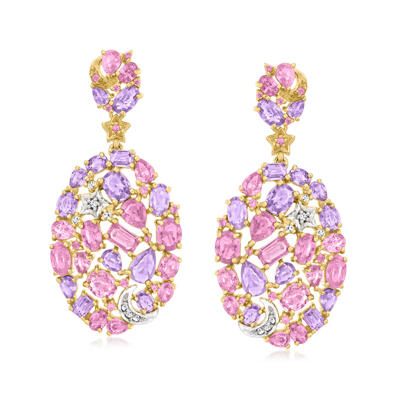 Multicolored sapphire oval drop earrings in gold tone with pink, purple, and clear stones