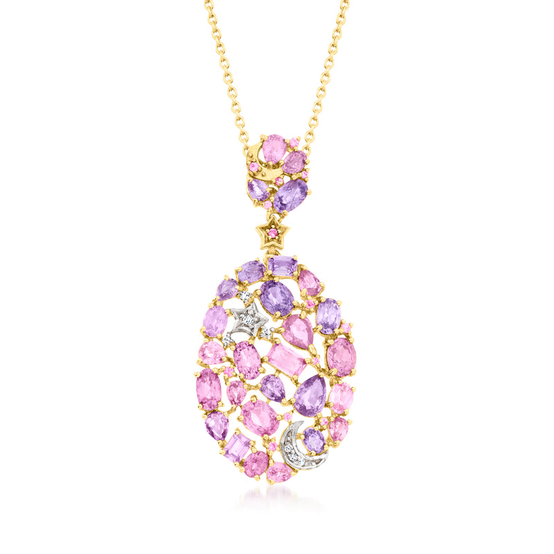 Pink-purple oval sapphire pendant with diamond accents on gold over sterling chain