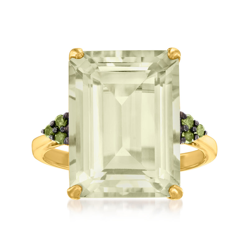 18kt gold cocktail ring with rectangular prasiolite center and dark green side stones