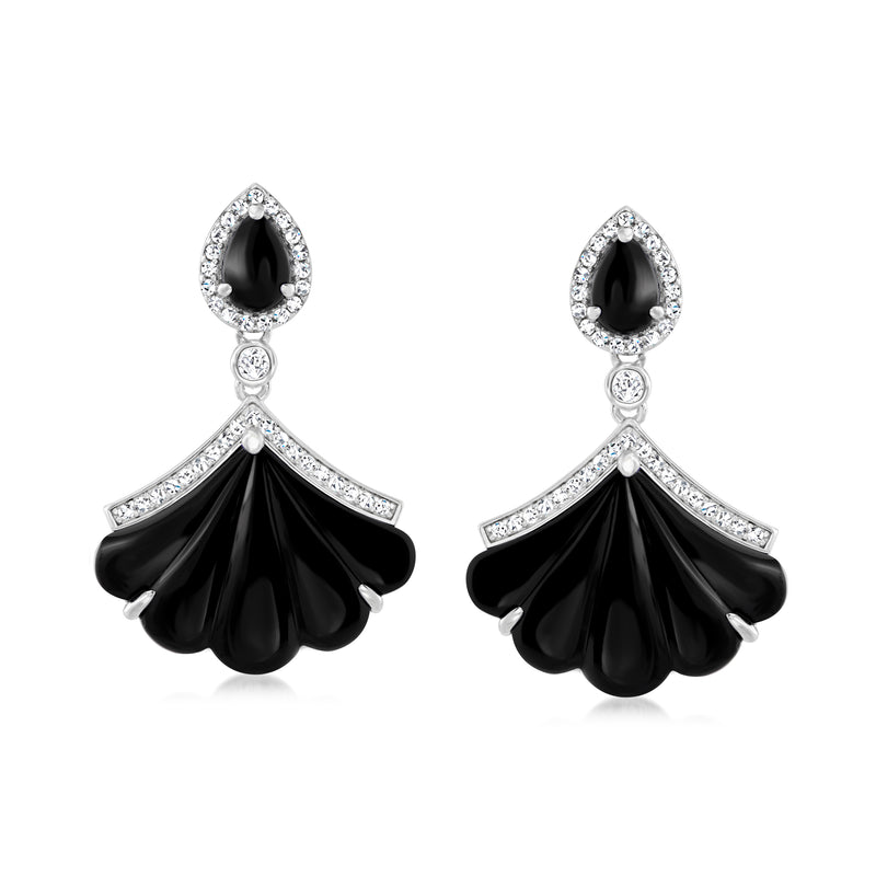 Sterling silver fan drop earrings with black teardrop stones and clear zircon accents