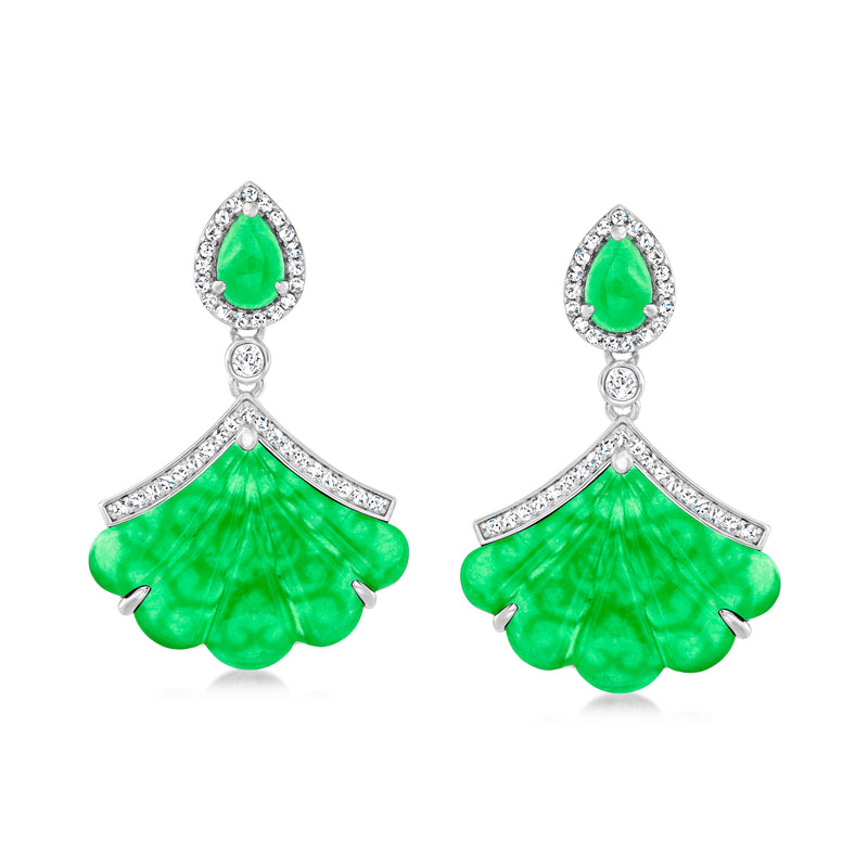 Sterling silver fan drop earrings with green teardrop center and zircon halo