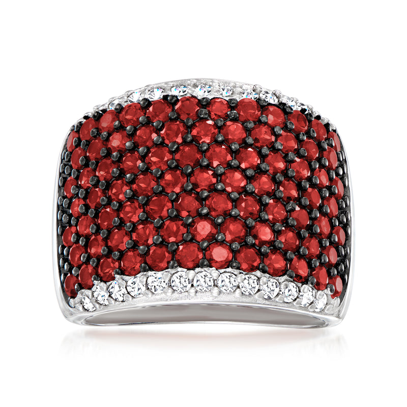 Wide sterling silver ring with red garnet stones and clear white zircon halo