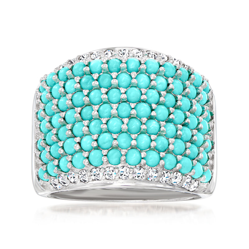 Wide turquoise bead-stone ring in sterling silver with sparkling clear accents