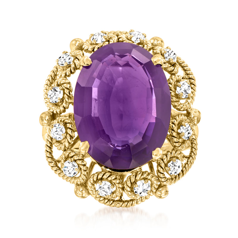14kt yellow gold swirl ring with oval amethyst center and diamond accents