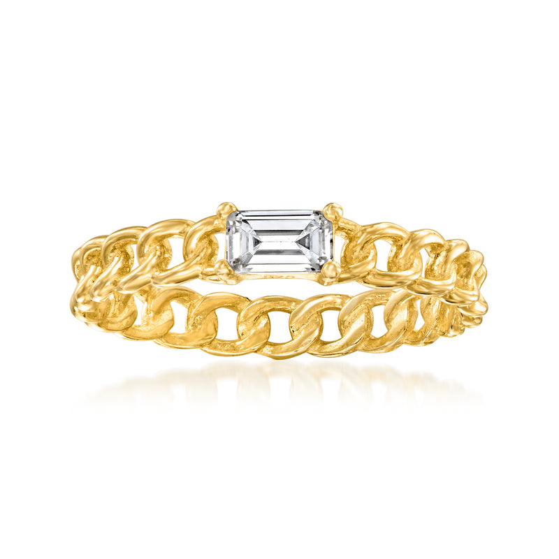 Gold curb-link ring with rectangular CZ centerpiece