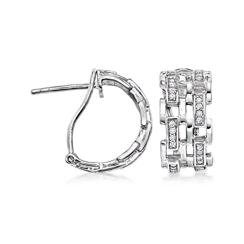 Sterling silver curved CZ link hoop earrings with post backing and square stones
