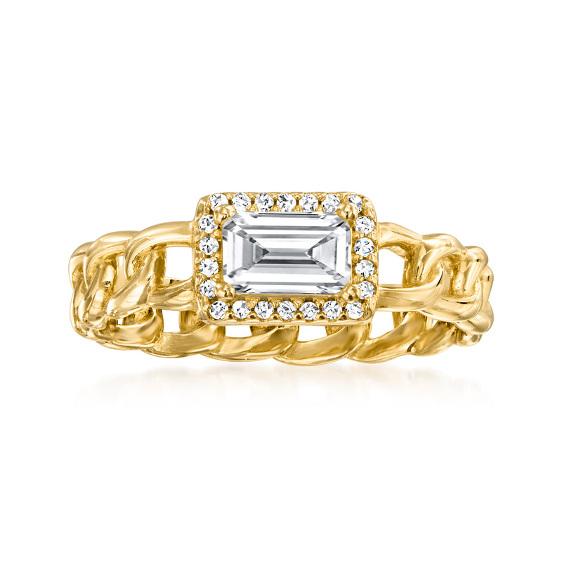 Gold curb-link ring with rectangular CZ centerpiece and smaller round CZ accents