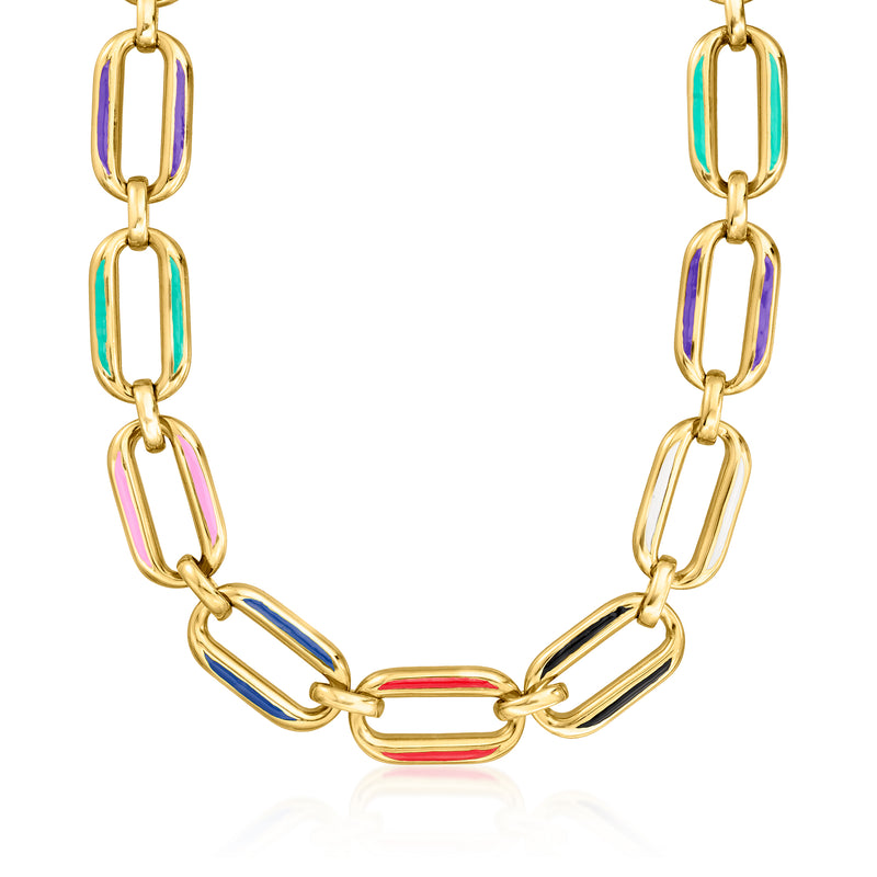 Multicolored enamel oval-link necklace with large gold-tone oval chain links