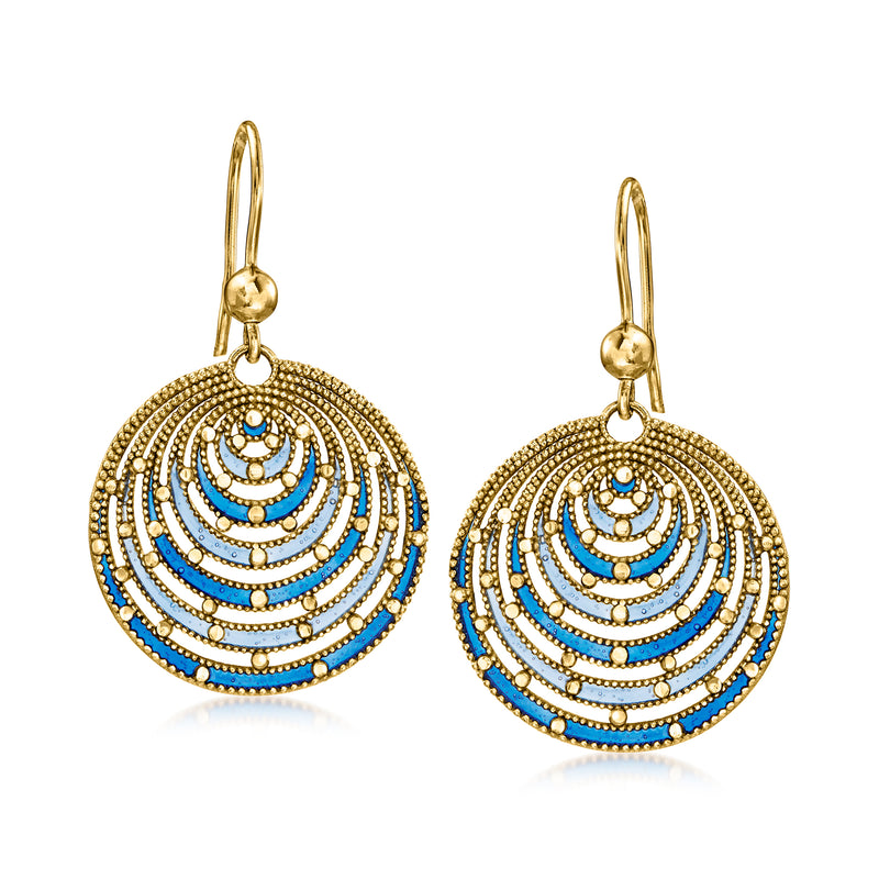 Gold circle drop earrings with blue enamel concentric ridges, hook earwires