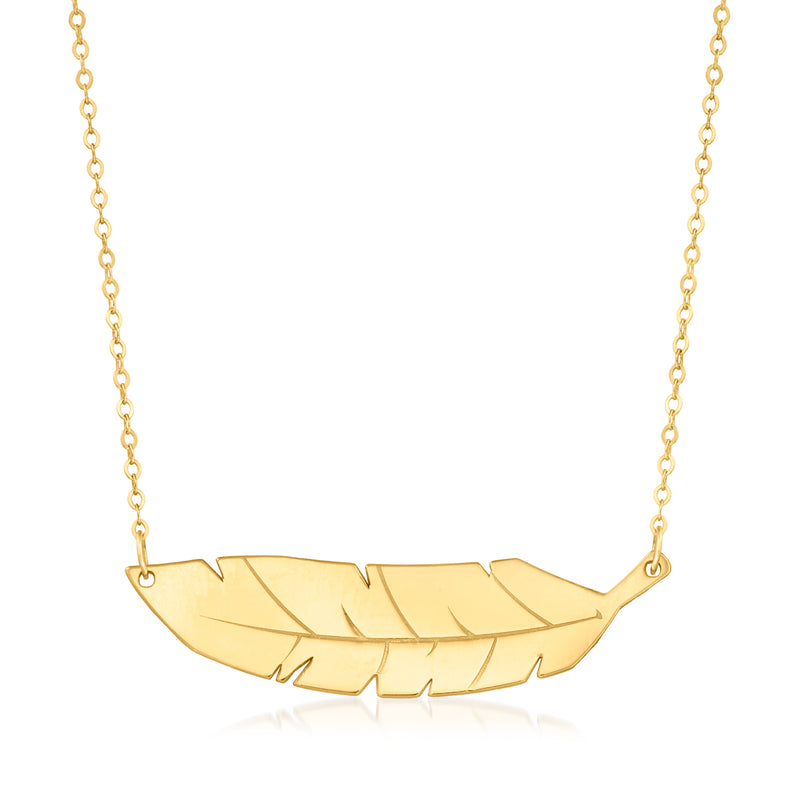 14kt yellow gold feather pendant necklace with linked chain