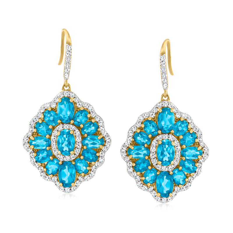 18kt gold over sterling drop earrings with blue topaz oval and white zircon halo