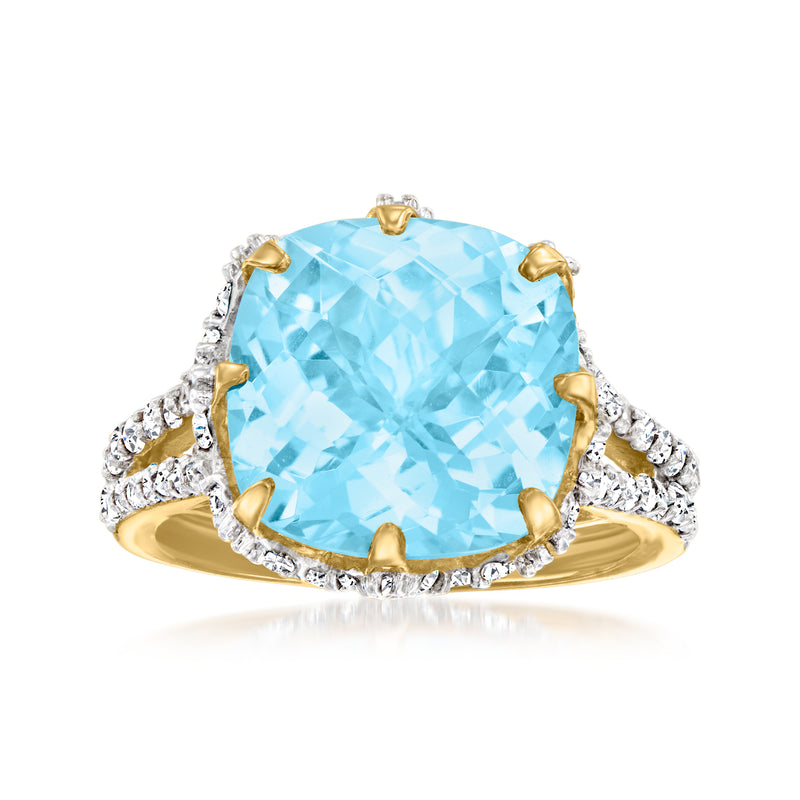 18k yellow gold halo ring with sky blue oval gemstone and white zircon accents