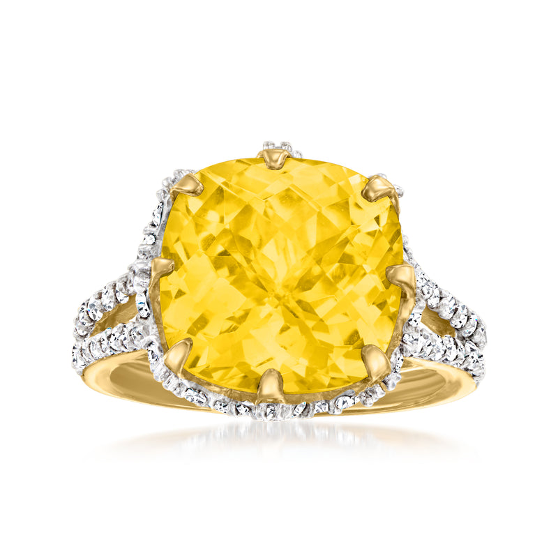 18kt gold over sterling ring with large yellow citrine, white zircon halo and prong shoulders