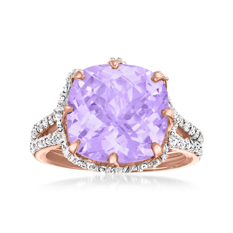 Oval amethyst gemstone ring in rose-gold setting with white zircon halo and split band
