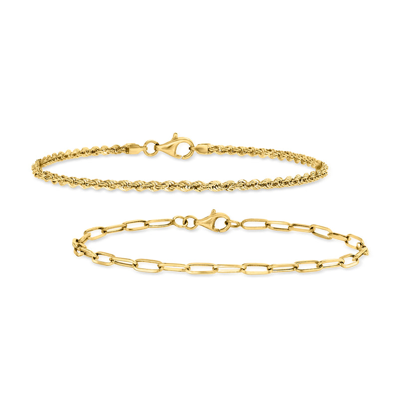 14kt yellow gold jewelry set: two link bracelets, mixed chain styles