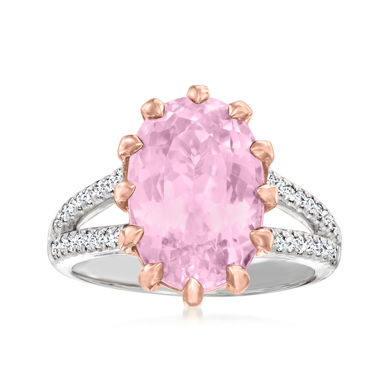 Kunzite ring with oval pink center stone, diamond-accented two-tone sterling silver band