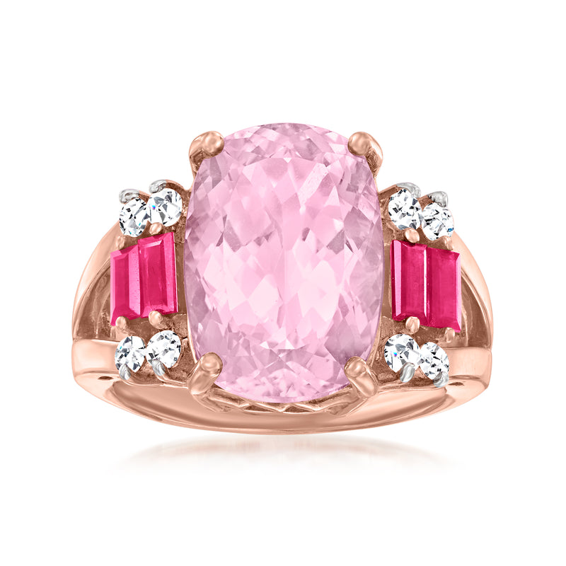 Rose gold cushion-cut kunzite ring with pink ruby and white zircon accents