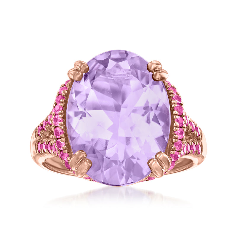 Oval amethyst gemstone ring with pink sapphire side stones in rose gold setting