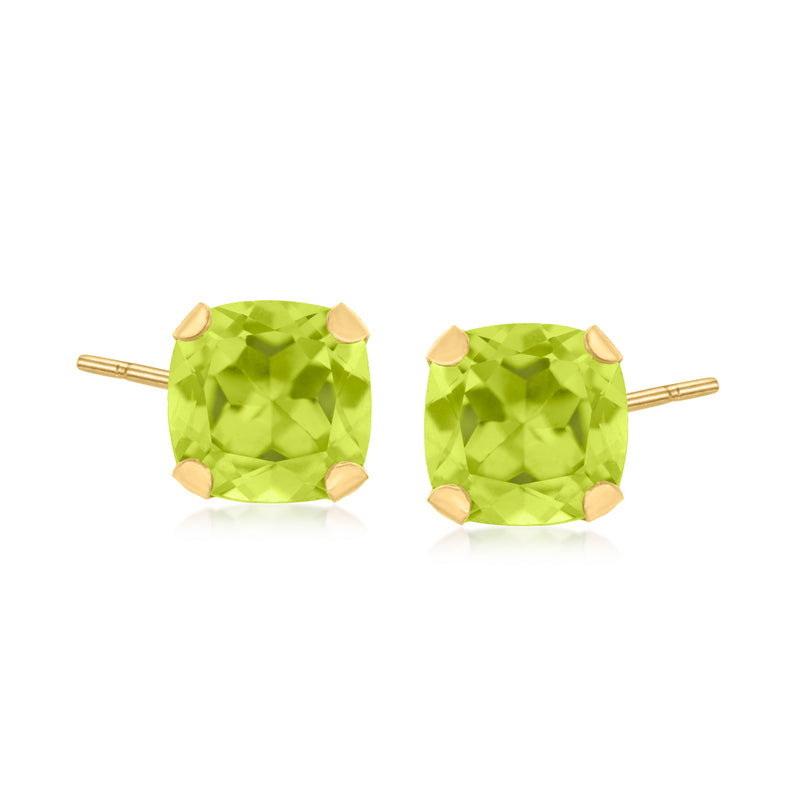 Square peridot martini stud earrings in 14kt yellow gold, green gemstone in four prongs