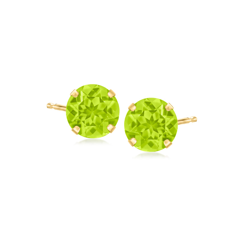 14kt yellow gold round peridot stud earrings with bright green gemstones