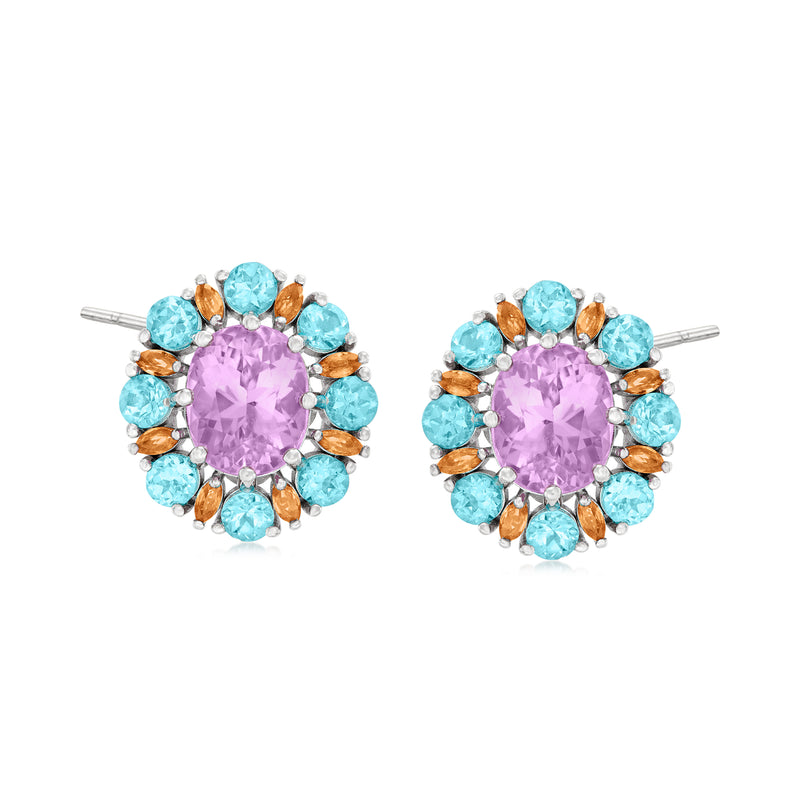 Sterling silver drop earrings with purple cushion center, blue stones, and orange accents