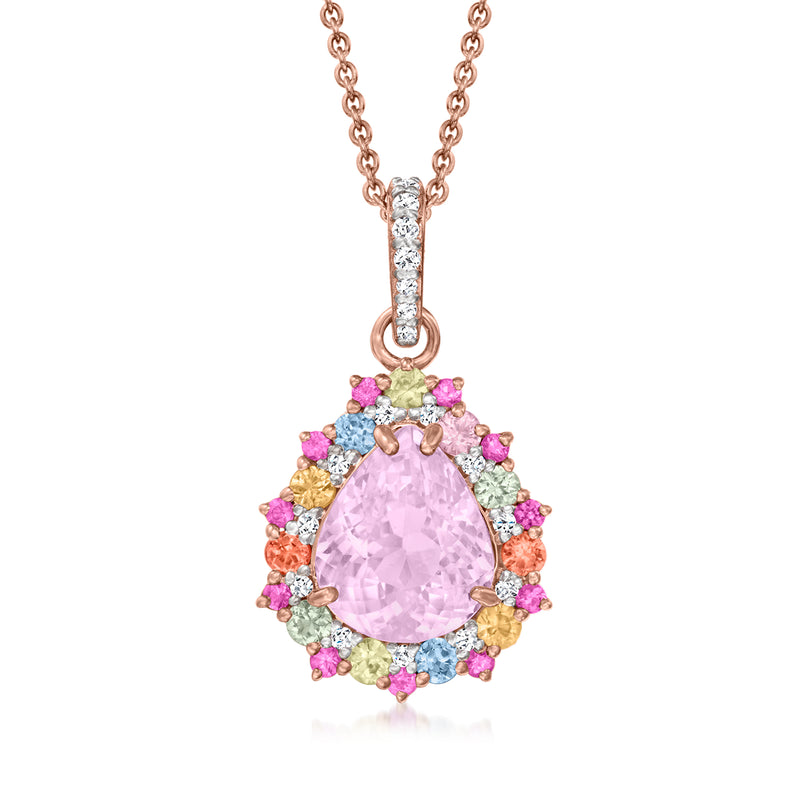 Rose gold multi-gemstone pendant necklace with pink pear-cut center stone