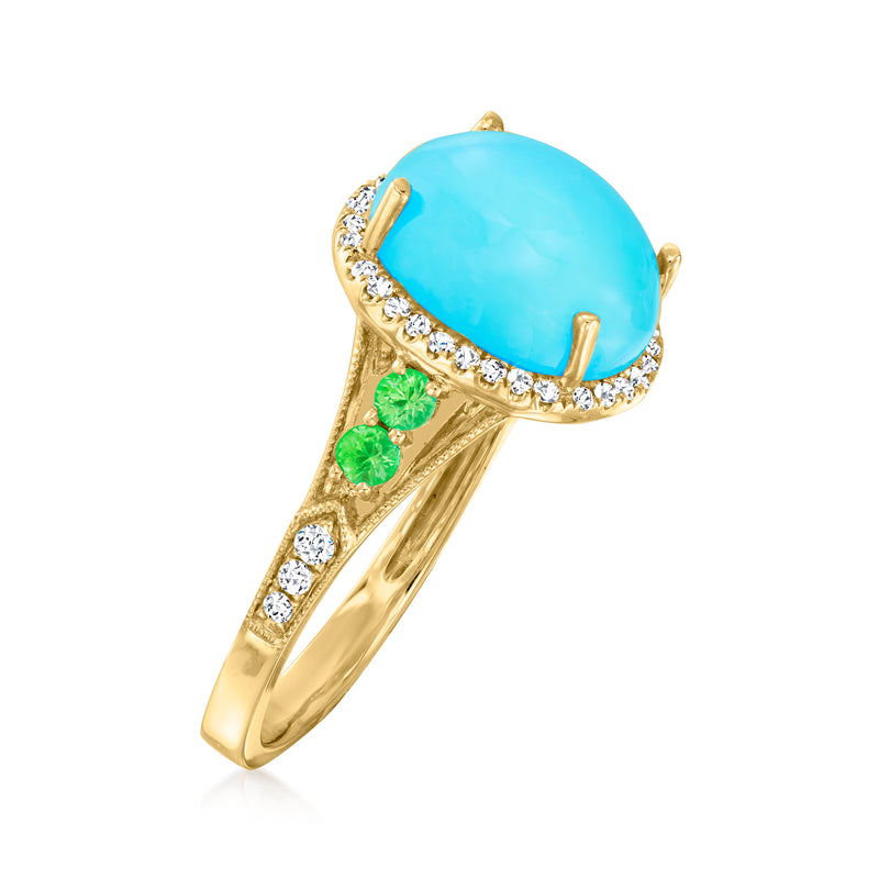14kt yellow gold ring angled view: oval turquoise gemstone with diamond border and green accents